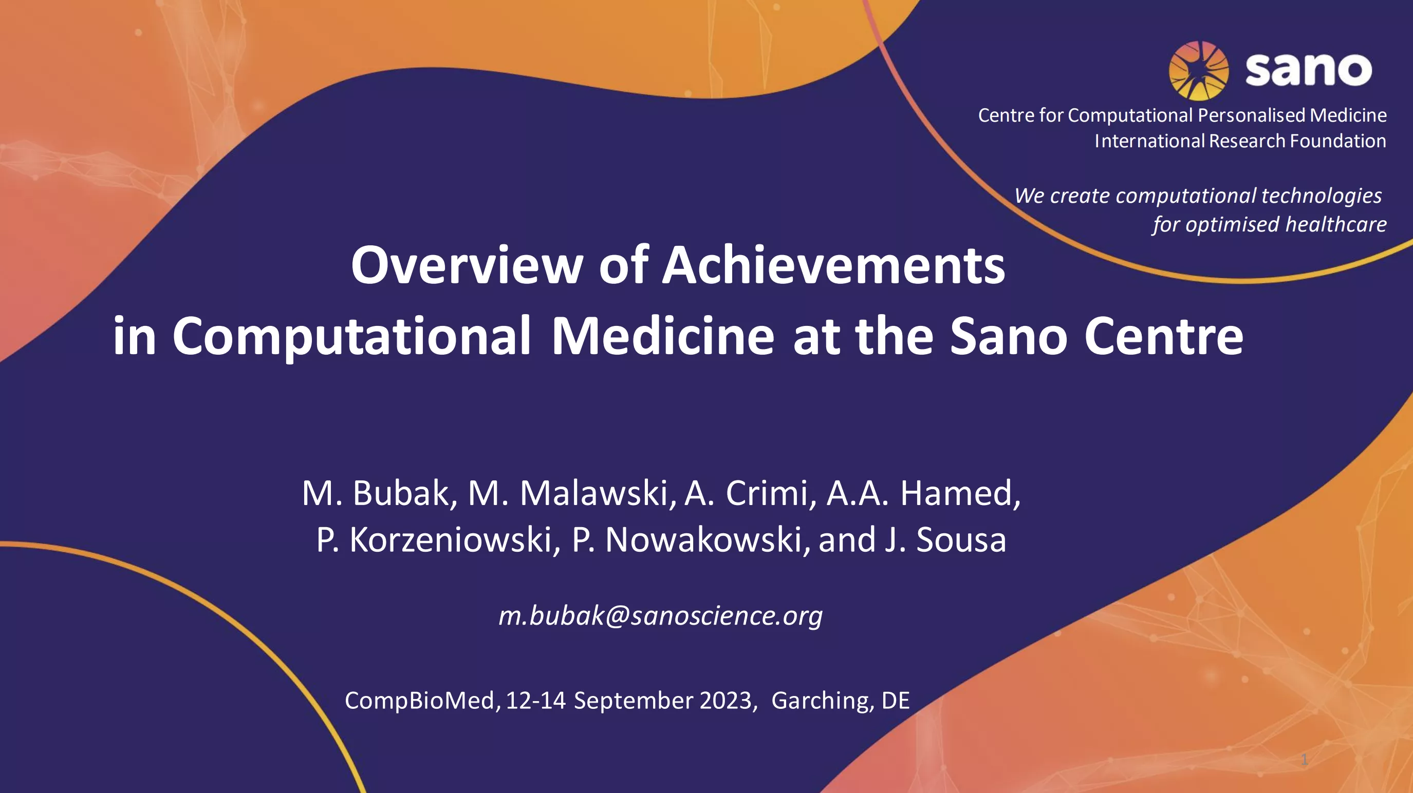 Overview of Achievements in Computational Medicine at the Sano Centre