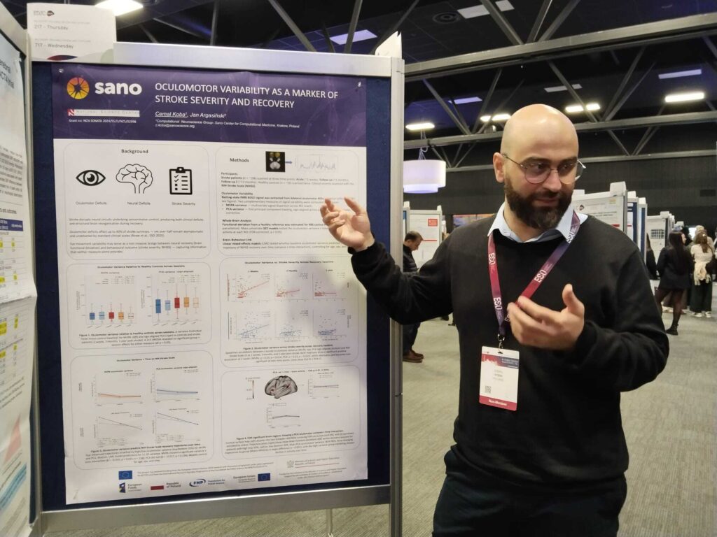 Cemal Koba from Sano Centre for Computational Medicine presenting a scientific poster at ESOC 2026 in Maastricht.