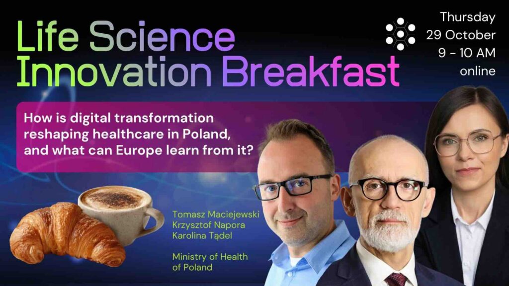 Event banner for the Life Science Innovation Breakfast on 29 October 2026: "How is digital transformation reshaping healthcare in Poland – and what can Europe learn from it?"
