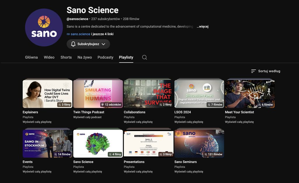 Screenshot of the Sano Science YouTube channel showing its playlists of science videos